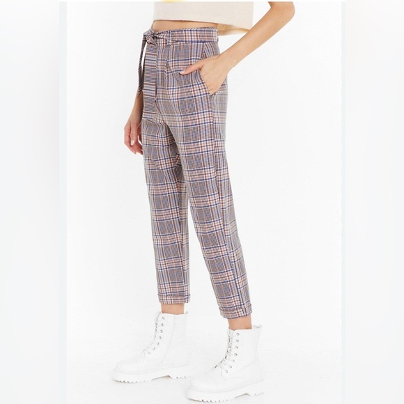 Nasty Gal Plaid Paper Bag Waist Pants with  Belt High Rise Casual Pants  Size 4 - Picture 1 of 8